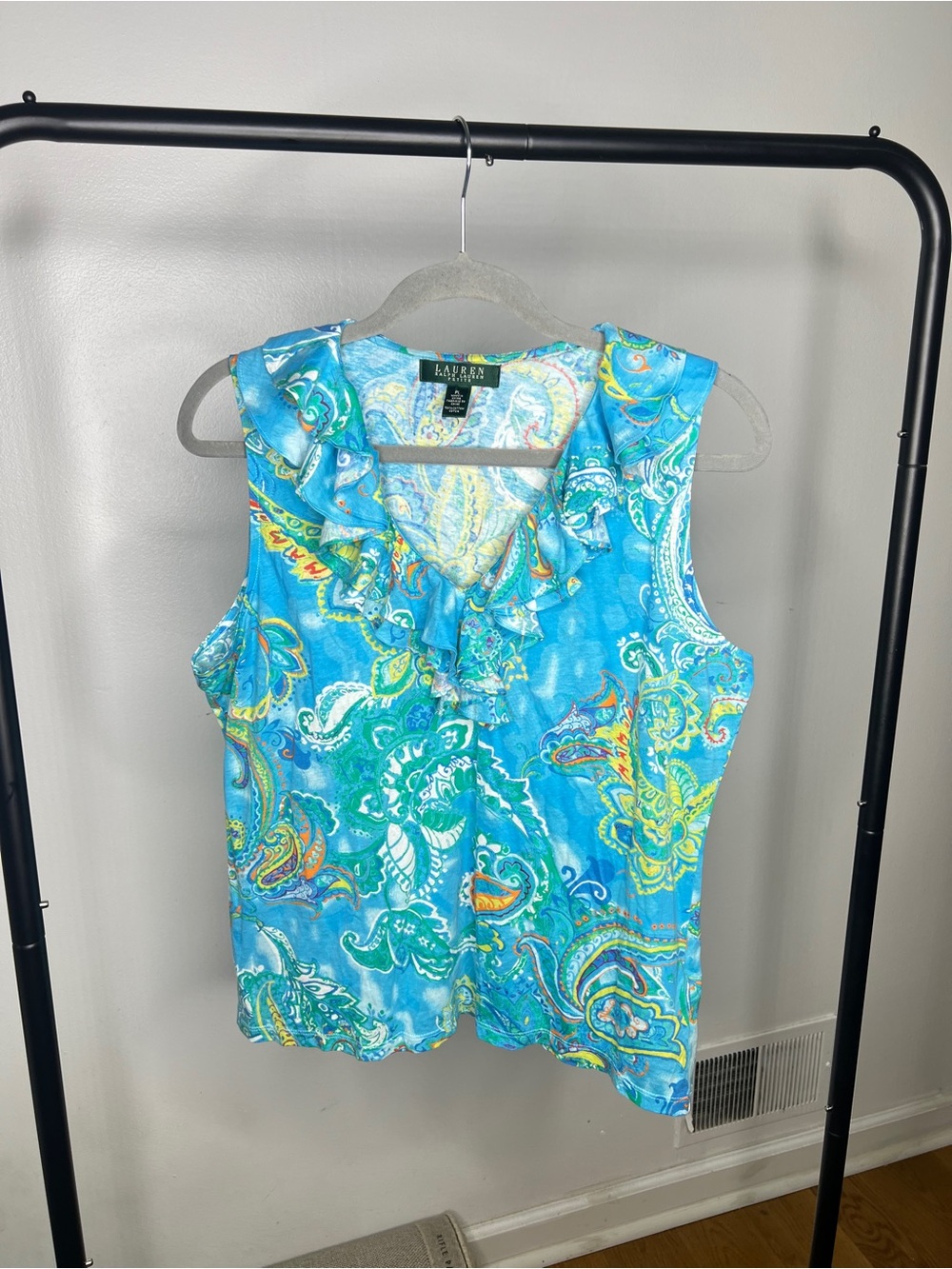 Lauren Ralph Lauren Turquoise Paisley Ruffle V-Neck Sleeveless Top